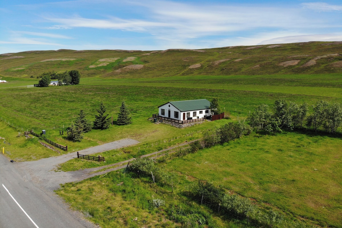A rural landscape with a white house featuring a green roof, surrounded by green fields and a few trees.