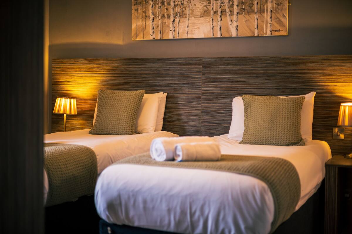 Quarto de hotel com duas camas, cada uma com um travesseiro e uma toalha enrolada. Há uma pintura pendurada na parede sobre as camas e uma luminária em cada lado do quarto.