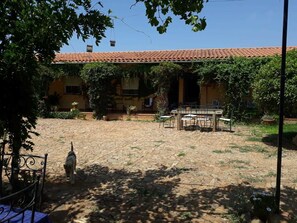 A courtyard with a tiled roof, outdoor furniture, and potted plants. - Casa Rural La Cimbarra (Aldeaquemada)