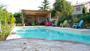 Outdoor pool, open 9:00 AM to 9:00 PM, pool umbrellas, pool loungers