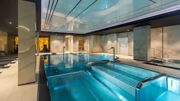 Indoor pool, open 10:00 AM to 9:00 PM, sun loungers