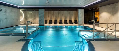 Indoor pool, open 10:00 AM to 9:00 PM, sun loungers