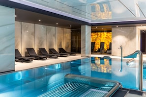 Indoor pool, open 10:00 AM to 9:00 PM, sun loungers