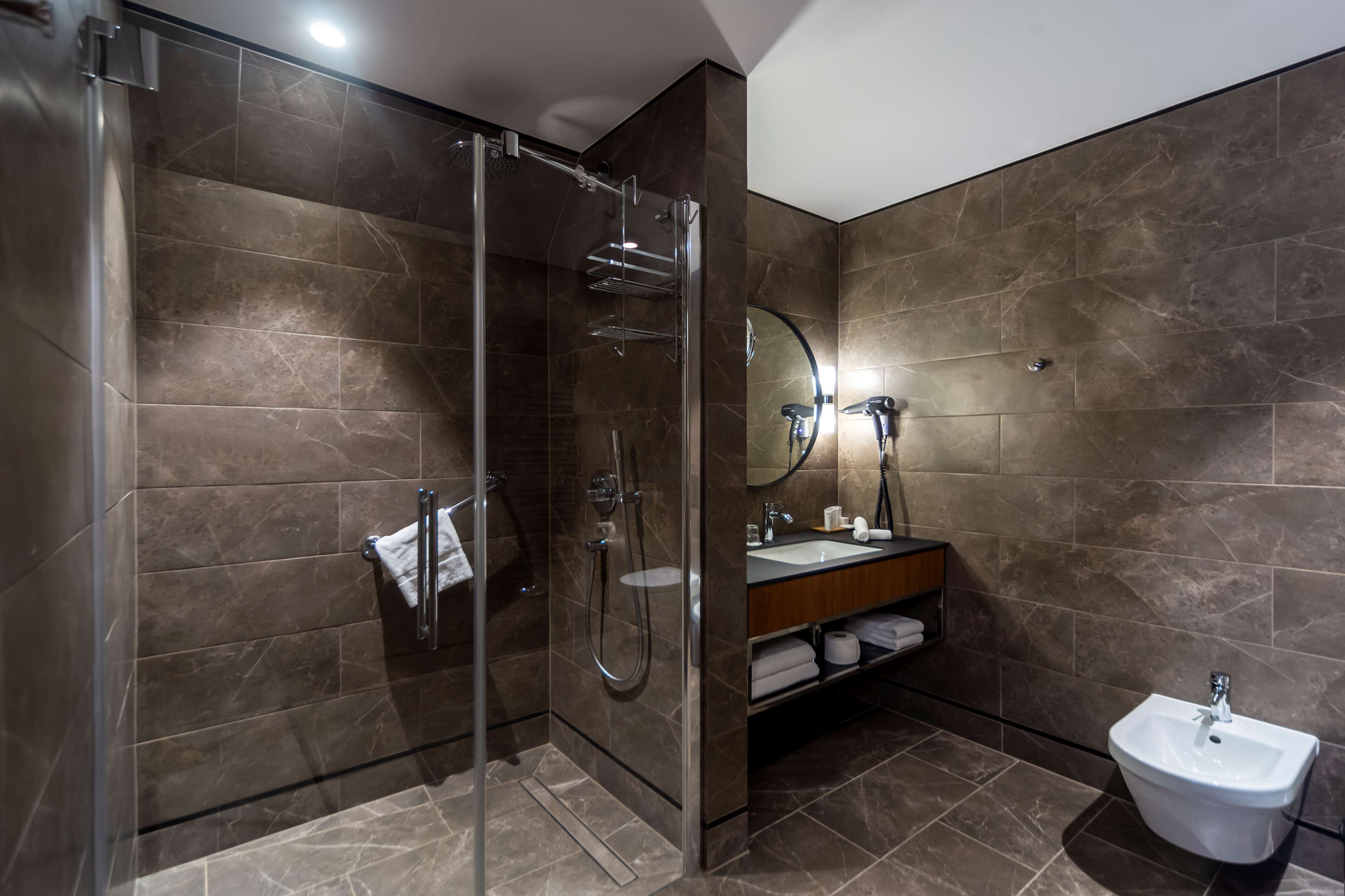A modern bathroom with a glass-enclosed shower, a sink, and a bidet.