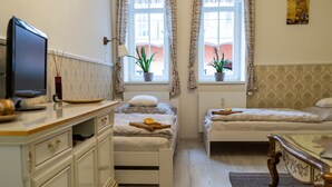 Romantisk studio, flere senger, tekjøkken, gårdsplassområde