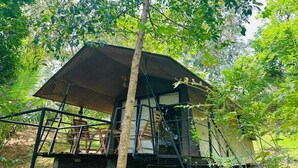 Une cabane perchée dans un arbre, dotée d’un escalier en métal et d’une plateforme, le tout entouré d’un feuillage dense.