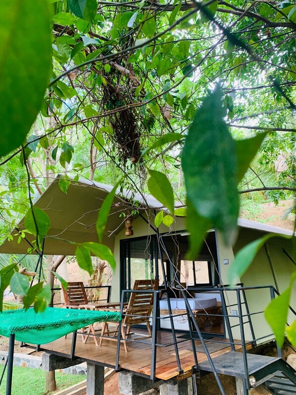 Luxe tent | Geluiddichte muren, een strijkplank/strijkijzer, beddengoed