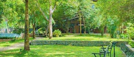 A park with benches, trees, and a building in the background.