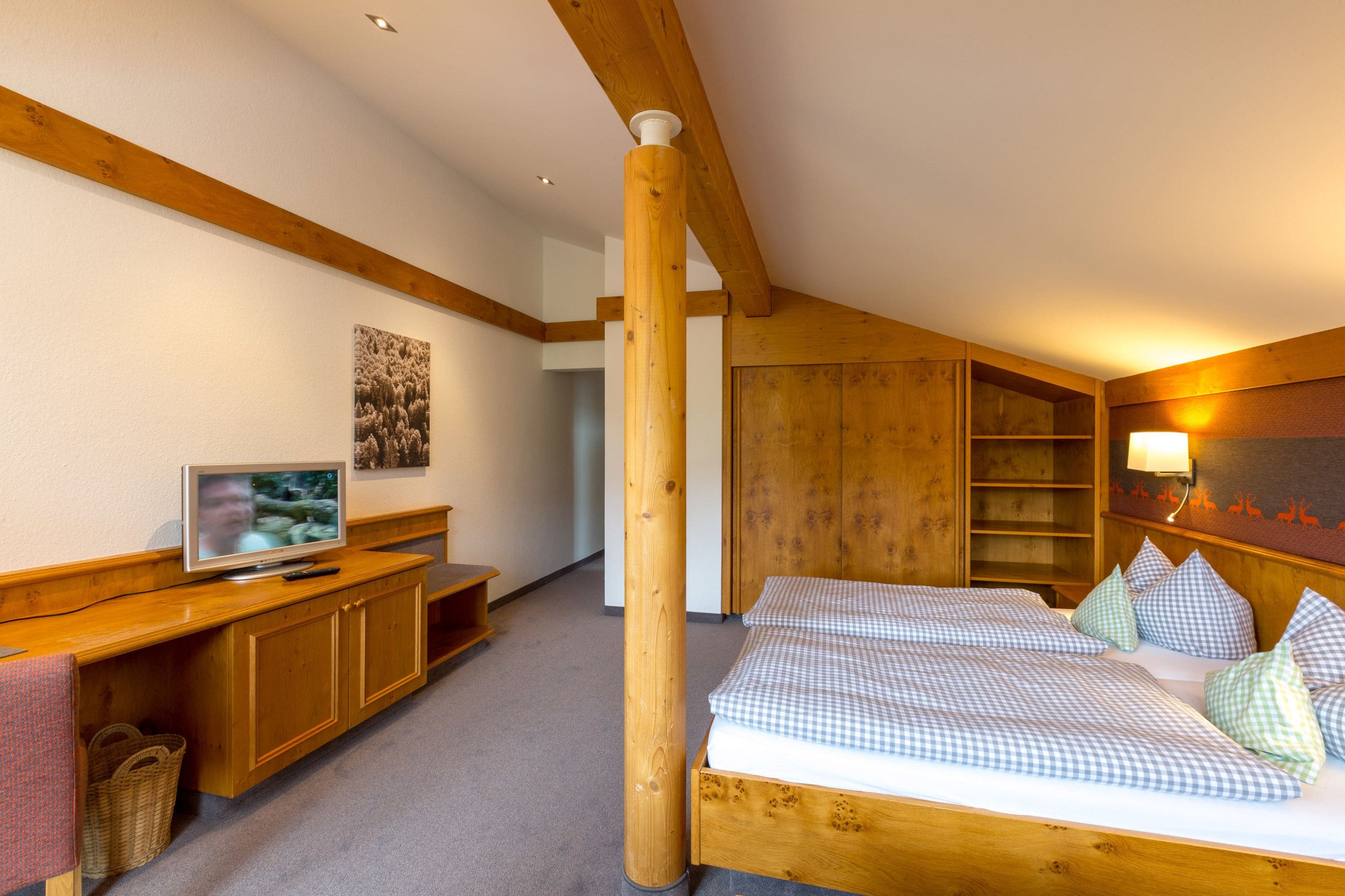 Een slaapkamer met een houten bed, een televisie op een houten bureau en een wandplank.