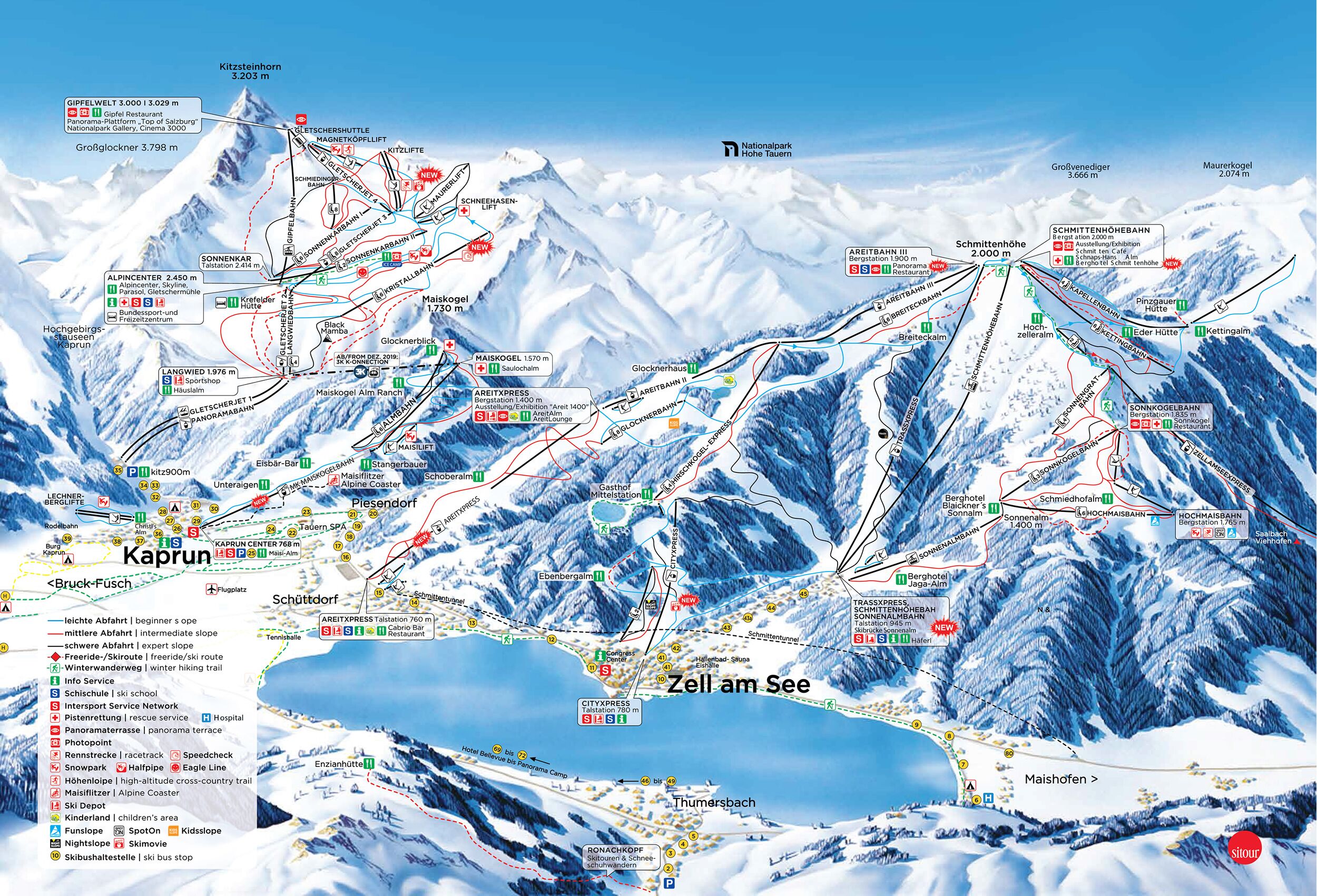 A detailed ski resort map with marked ski trails, lifts, and facilities.
