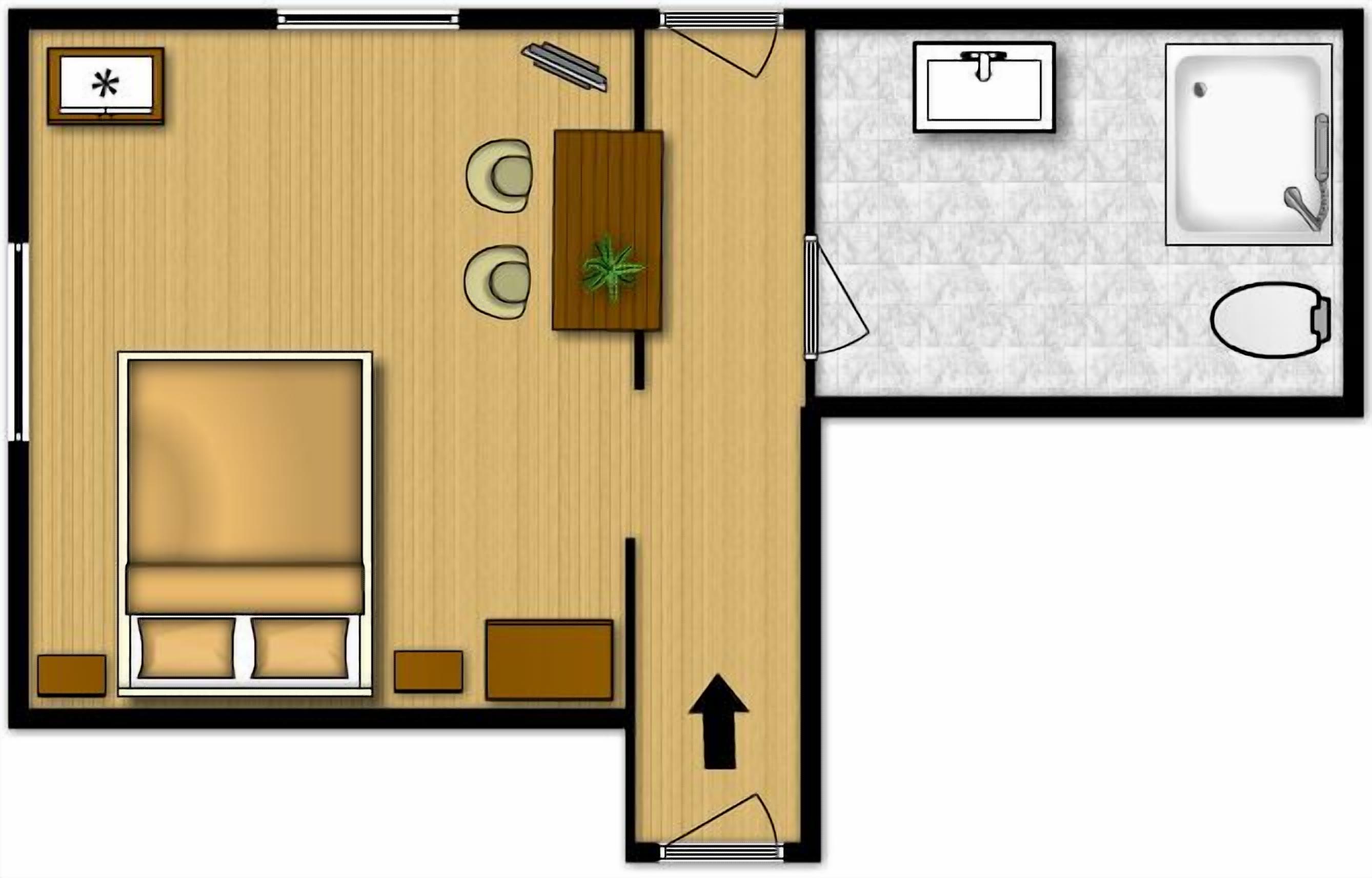 A hotel room layout with a bed, a small seating area, a bathroom, and a kitchenette.