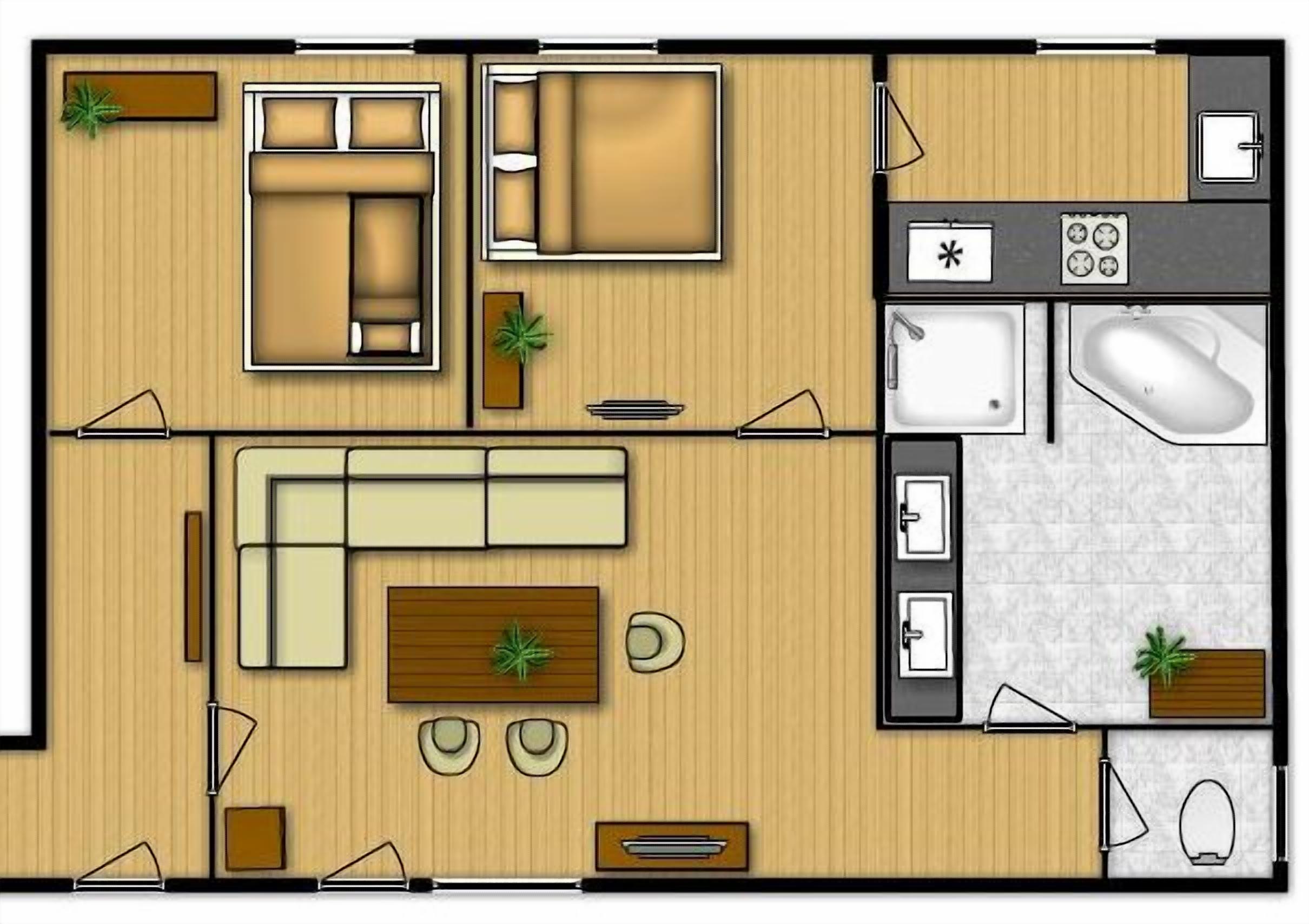 Distribución de una habitación de hotel con sala de estar, cocina, baño y dormitorio independiente.