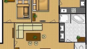 Distribución de una habitación de hotel con sala de estar, cocina, baño y dormitorio independiente.