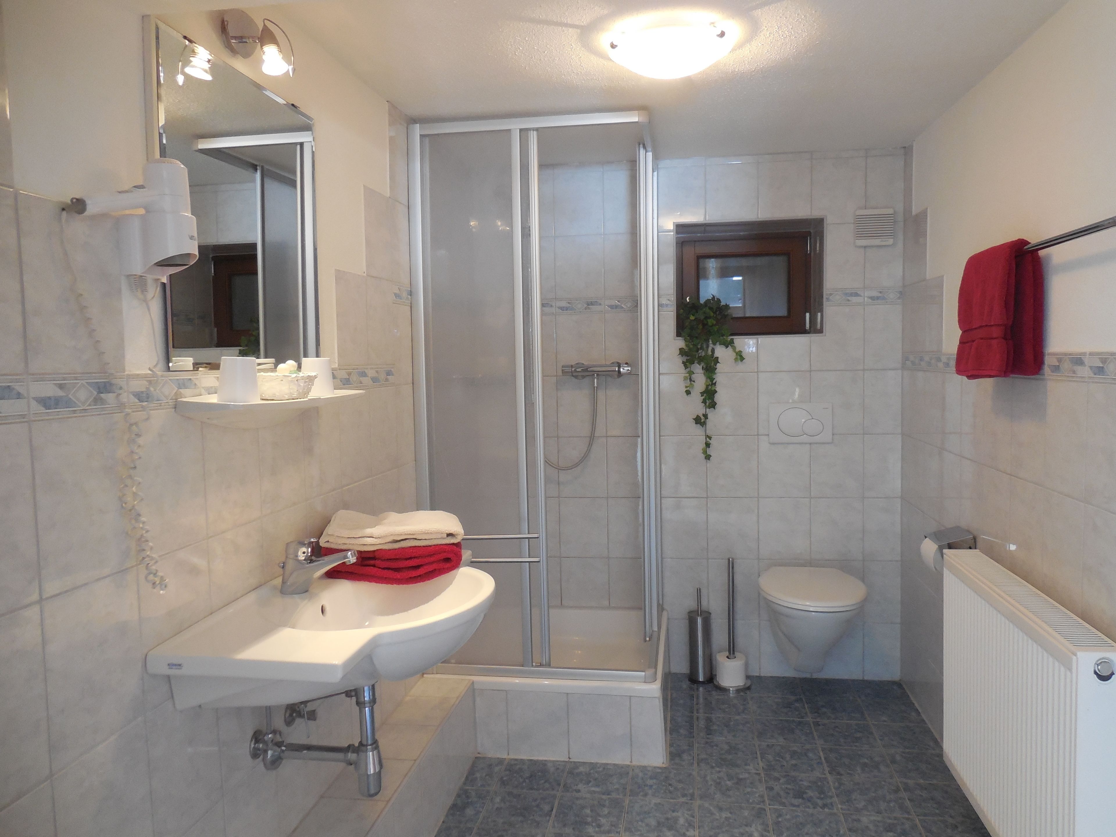 A modern bathroom with a glass-enclosed shower, a sink with a towel rack, and a toilet.