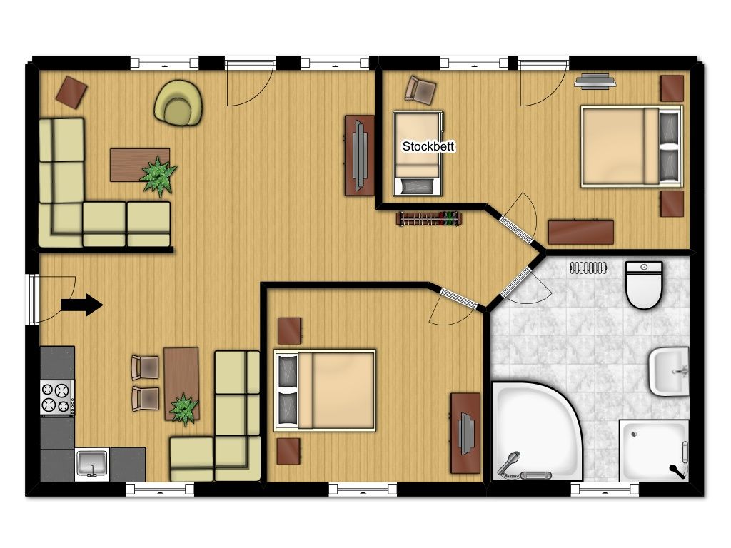 A hotel room layout with a living area, two bedrooms, a kitchen, and a bathroom.