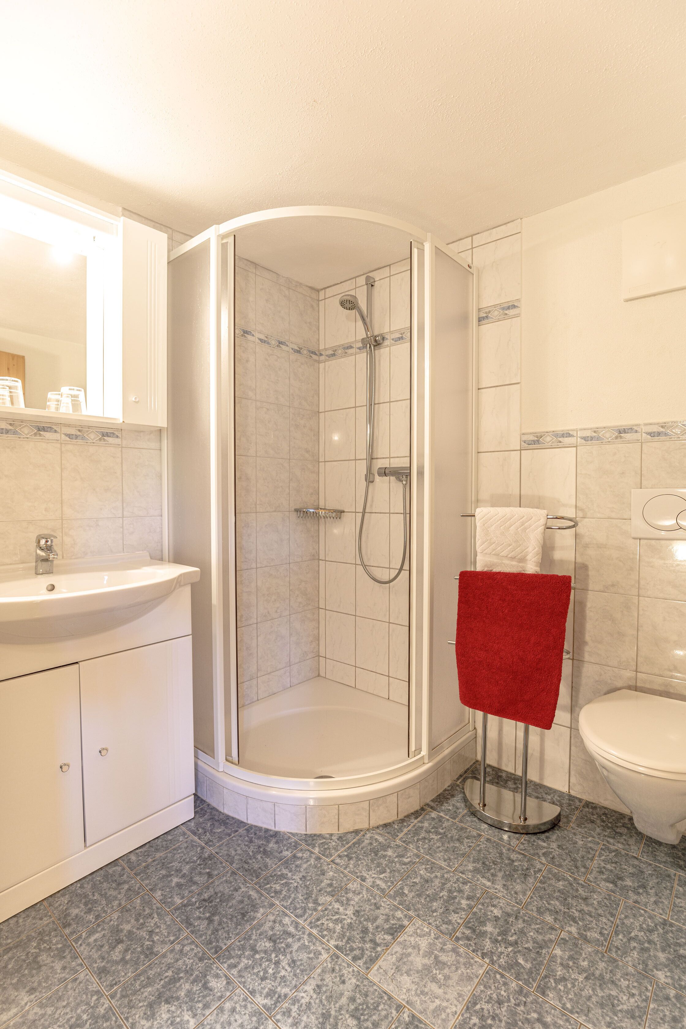 A bathroom with a shower, toilet, and sink.
