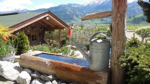 A rustic wooden cabin with a wooden water pump and a small pond. - Landhaus Kitzblick (Piesendorf)