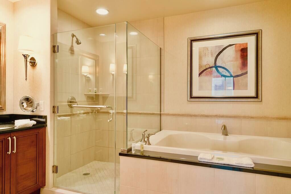 Bathtub, hair dryer, towels, soap