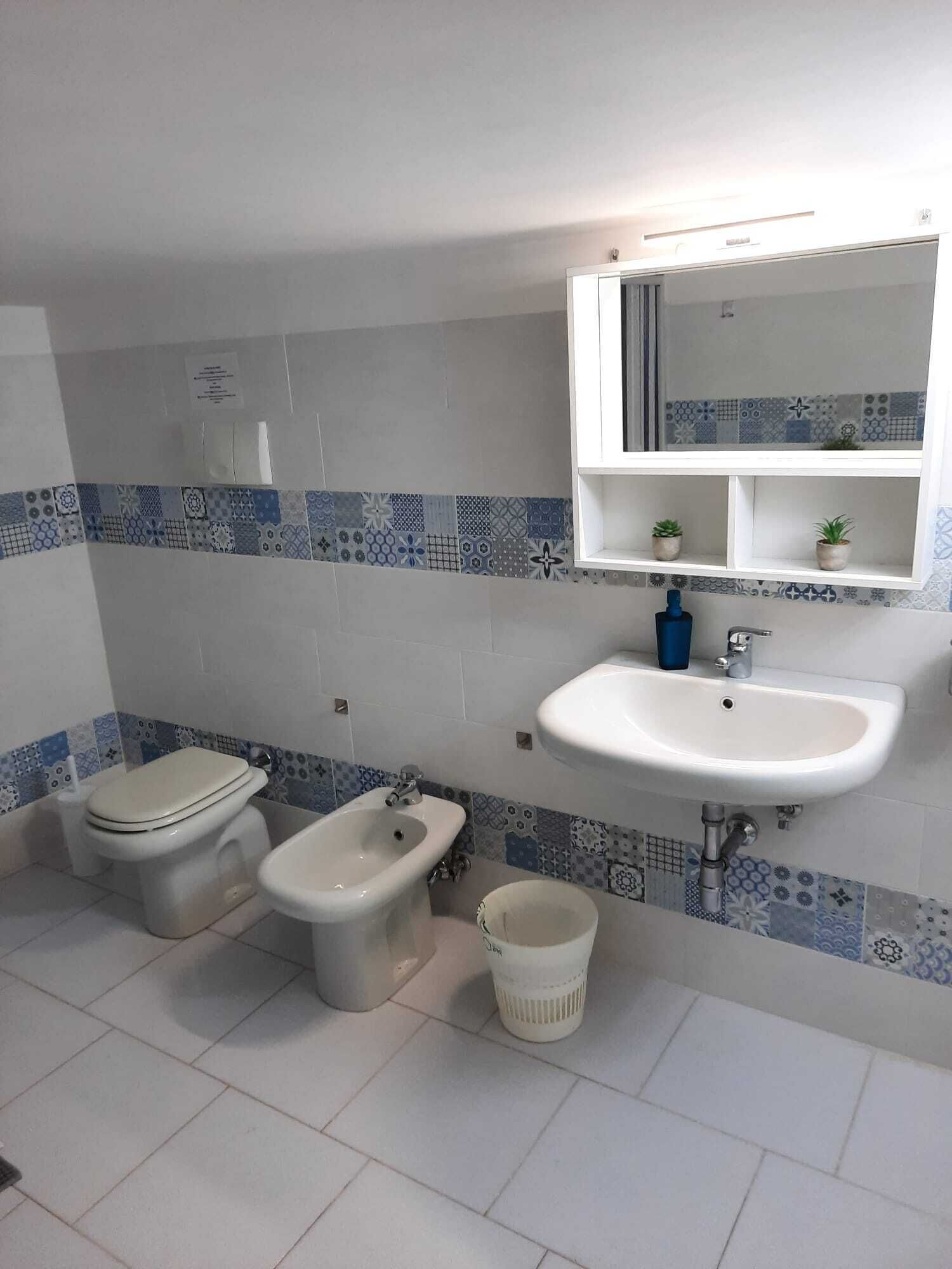 A bathroom with a toilet, bidet, sink, and a mirror above the sink.