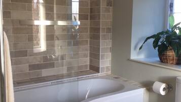 Combined shower/bathtub, hair dryer, towels, soap