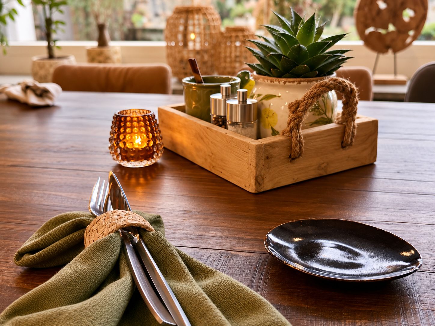 Een houten tafel met een groene servet, een metalen vork, een zwart bord, een kaars, een klein plantje en een glazen vaas.