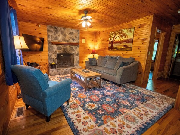 Una Smart TV, una chimenea, un reproductor de DVD