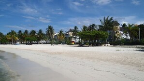 A beach with white sand, palm trees, and buildings in the background.