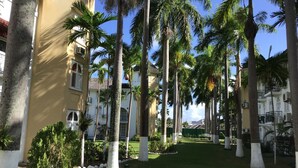 A courtyard with tall palm trees and a building with white trim and balconies.