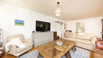 Smart TV, fireplace, ping pong, books