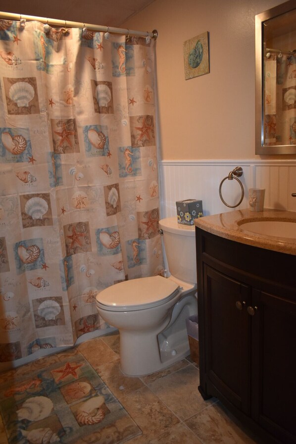 A bathroom with a toilet, a sink, a mirror, and a shower curtain with a nautical theme.