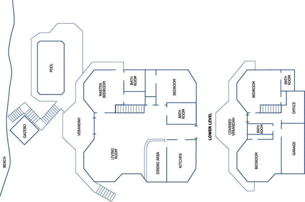 Plano de planta que muestra una piscina, dormitorio principal, sala de estar, comedor, cocina, terraza cubierta y garaje.