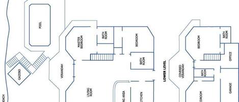 Plano de planta que muestra una piscina, dormitorio principal, sala de estar, comedor, cocina, terraza cubierta y garaje.