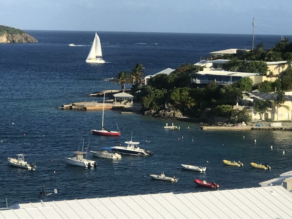A coastal marina with various boats, including sailboats and motorboats, docked along the shore. - Amazing Condo in Cowpet Bay West, Steps From the Beach, Pool and Restaurants (St. Thomas)
