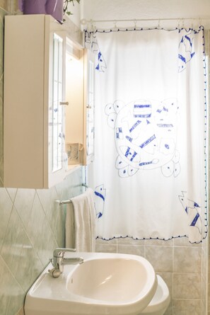 Douche, sèche-cheveux, serviettes fournies, savon