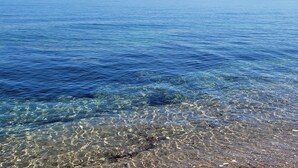 Una vista despejada de una playa con aguas poco profundas que muestran el lecho arenoso.