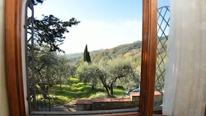 A view through a window with a wooden frame, overlooking a landscape with trees and a distant hill. - Wonderful  villa for 4 guests with TV, terrace and pets allowed, close to Lucca (San Gennaro)