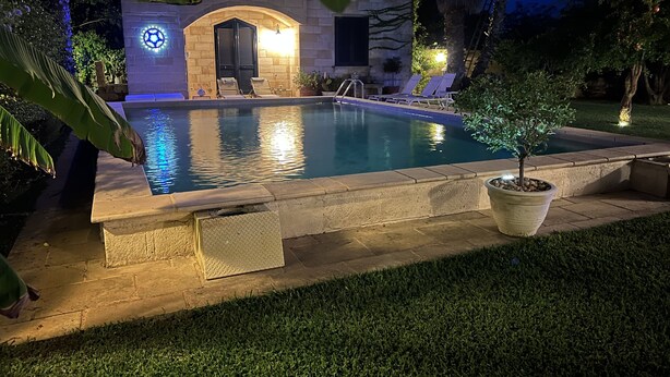 A swimming pool with a stone wall, a Star of David, and a small tree. - SALENTO VILLA WITH POOL, GARDEN, TERRACES, NEAR THE SEA OF CASTRO (DISO)