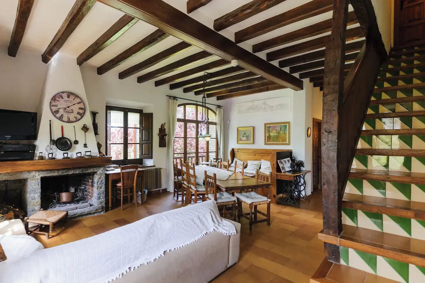 Televisión, chimenea, reproductor de DVD y libros 