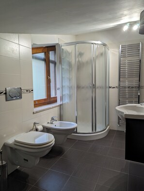 Combined shower/tub, hair dryer, bidet, towels