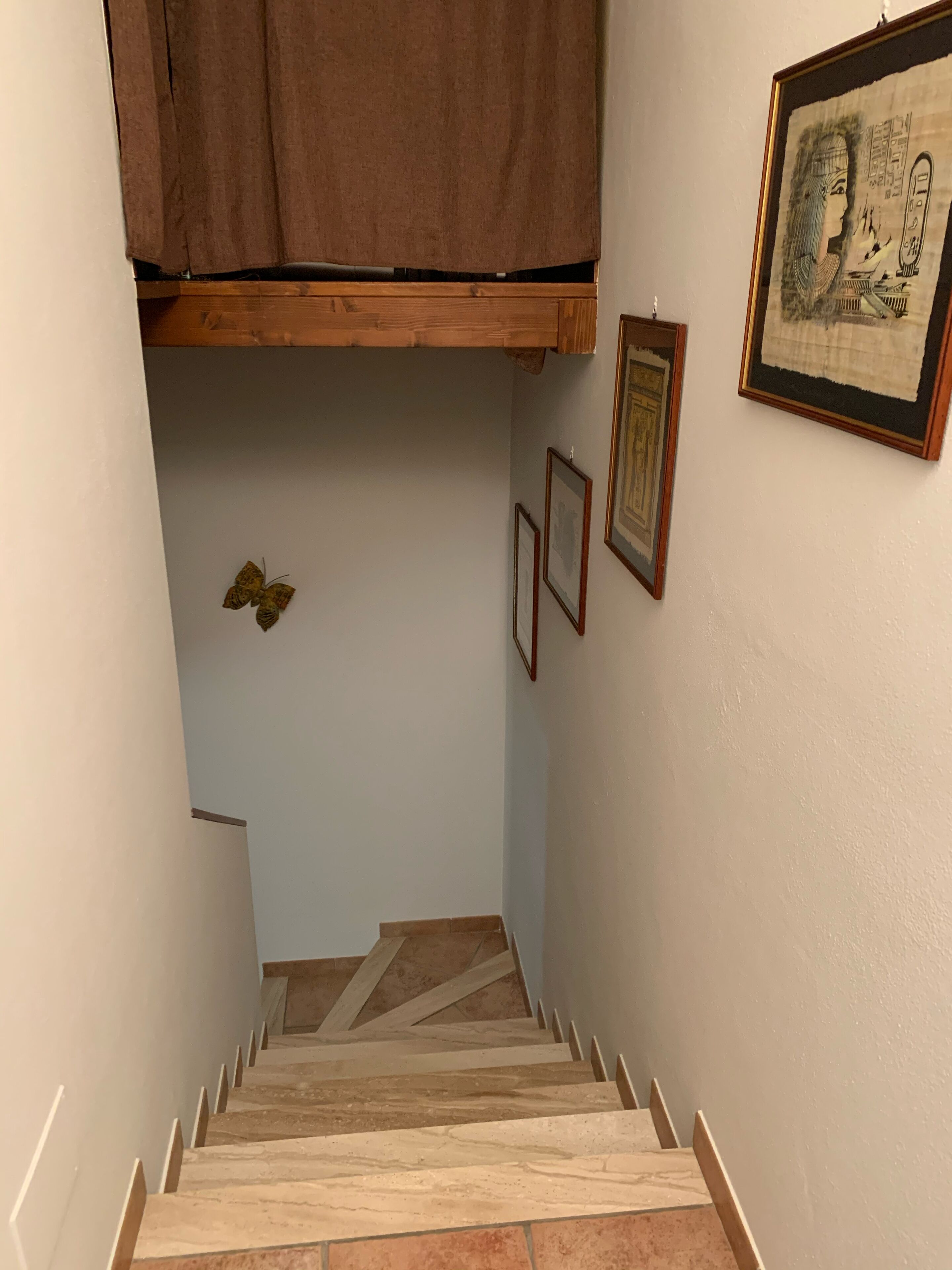 A narrow staircase with wooden steps and a brown overhead covering.