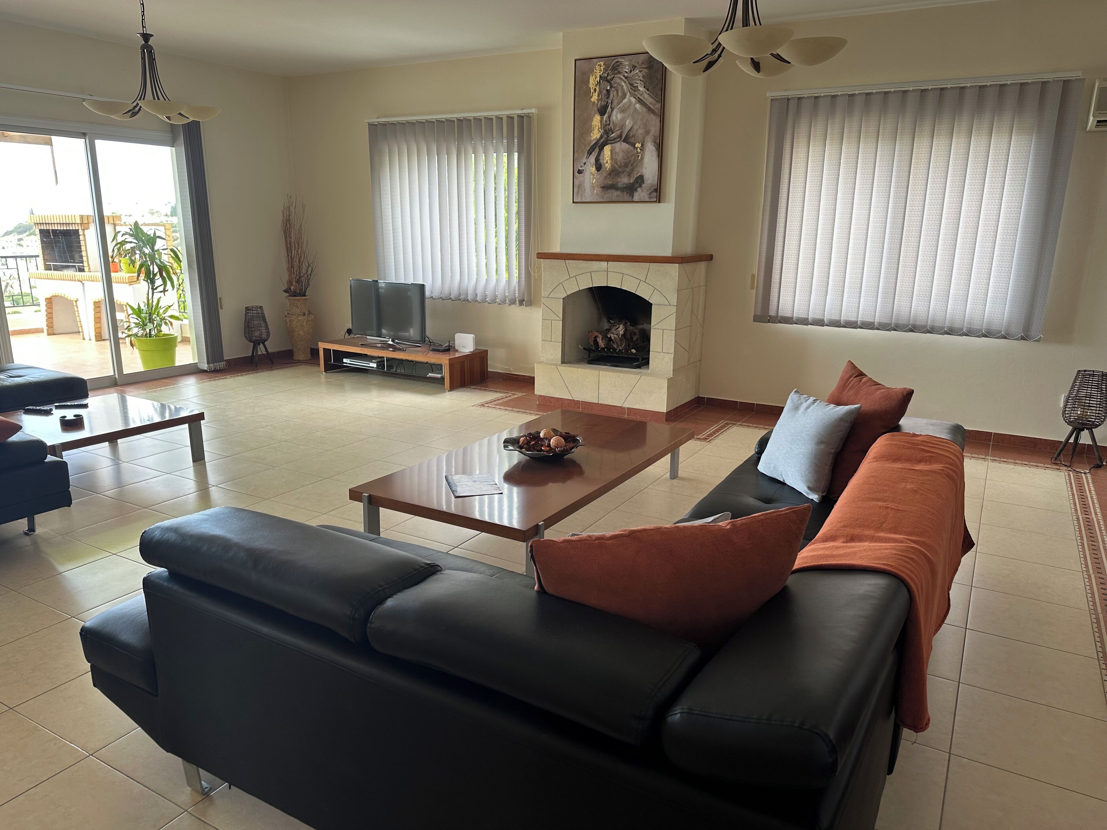 Smart TV, fireplace, video games, DVD player