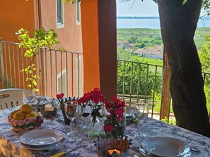 An outdoor dining table set with plates, glasses, and a vase of flowers, overlooking a scenic landscape.