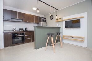 Apartamento, várias camas, para não fumantes, vista para a cidade | Cozinha privada | Geladeira, micro-ondas, cafeteira/chaleira