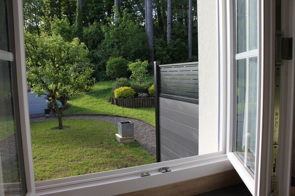 Une vue depuis une fenêtre d’une maison, avec un jardin bien entretenu, un petit arbre et une clôture en bois.