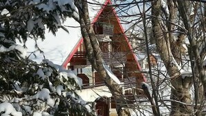 A snow-covered building with a red roof, surrounded by trees and snow. - 6 to 7 sleeps, spacious with central fireplace, wooden top of the chalet. (Villard-De-Lans)