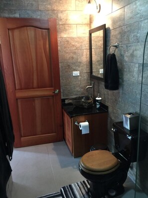 Douche, séchoir à cheveux, serviettes fournies, savon
