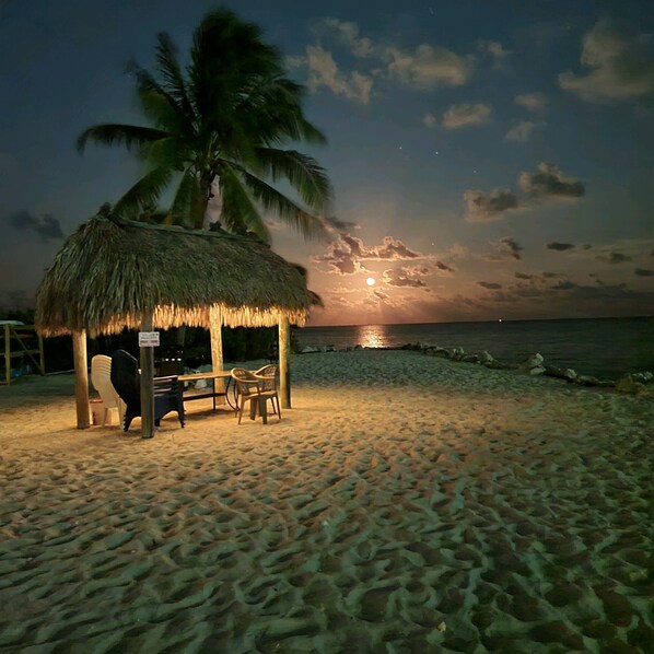 On the beach, sun-loungers, beach towels