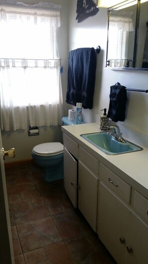 Hair dryer, towels, soap