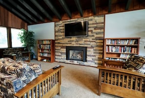 TV, fireplace, DVD player, foosball