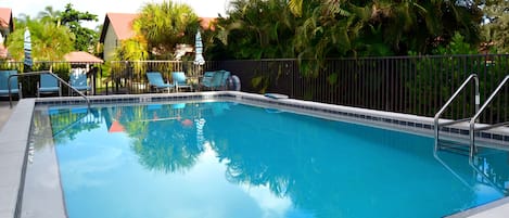 Une piscine entourée de palmiers et d’une clôture, avec des chaises longues et des parasols.